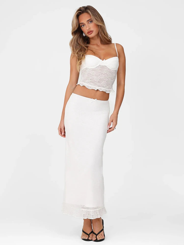 Dames Mesh Patchwork 2-delige Set Dames Doorzichtige Rugloze Camisole Tops + Jacquard Skinny Lange Rokken Bijpassende Elegante Pakken