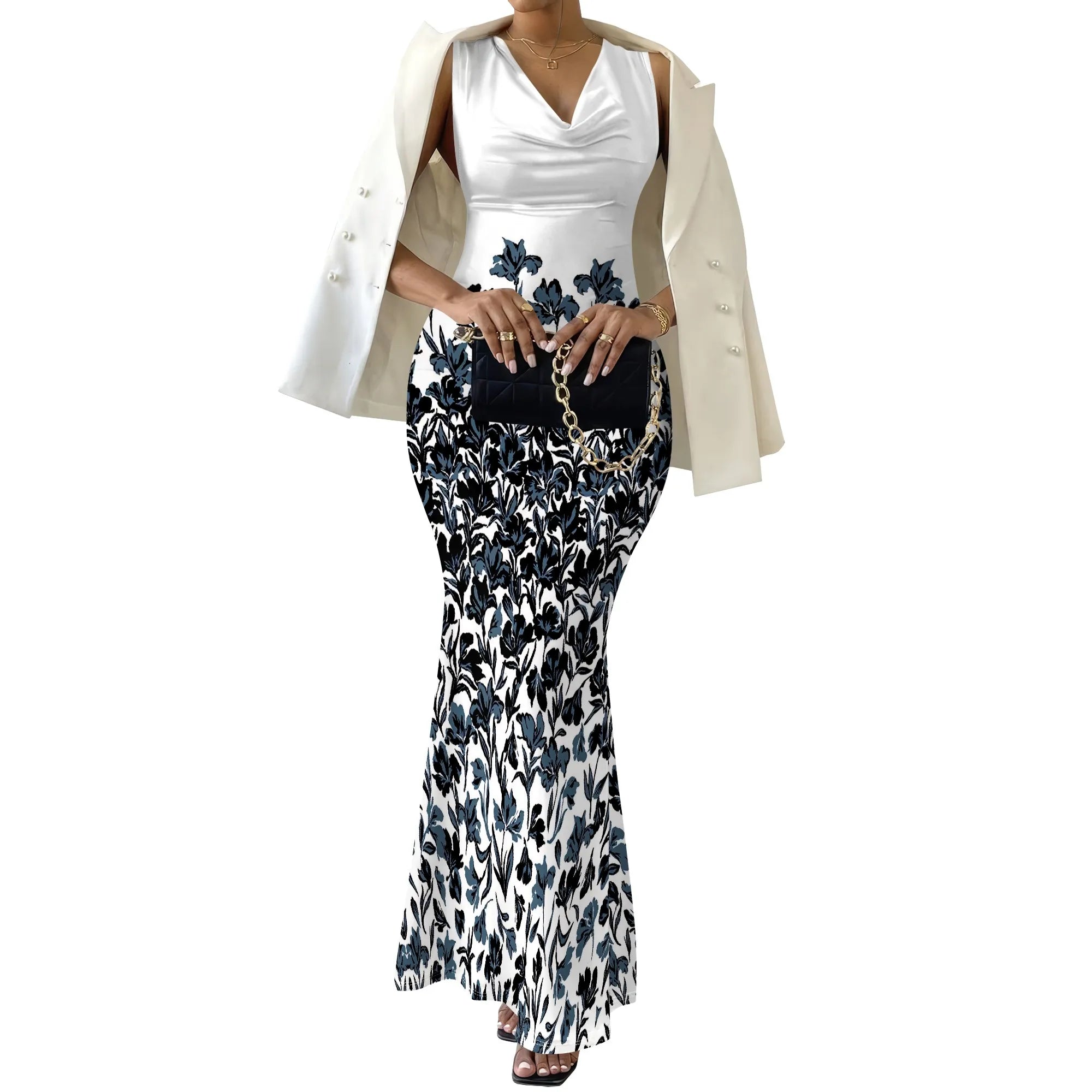 Women's V-Neck Sleeveless Maxi Dress Purple Sketch Floral Print Elegant Bodycon Summer Party Dress