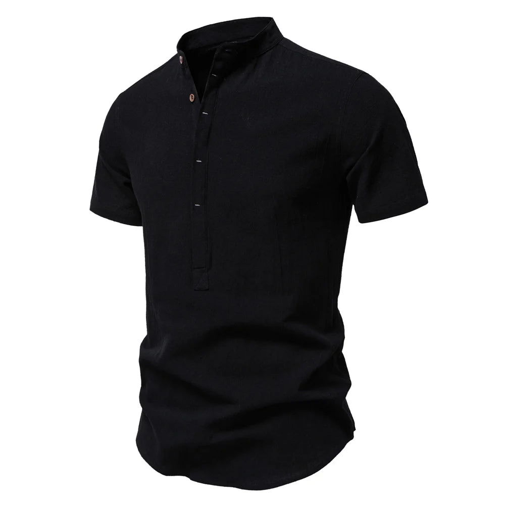 Men's Short Sleeve Solid Colour Linen Shirt Turn Down Collar Casual Summer Breathable Comfort Shirts for Men‌