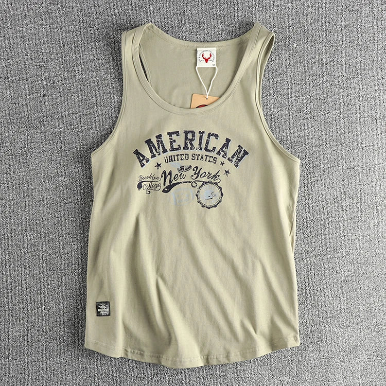 Summer New American Retro Sleeveless O-neck Letter Printed T-shirt Men's Fashion 100% Cotton Washed Casual Sports Vest Tops