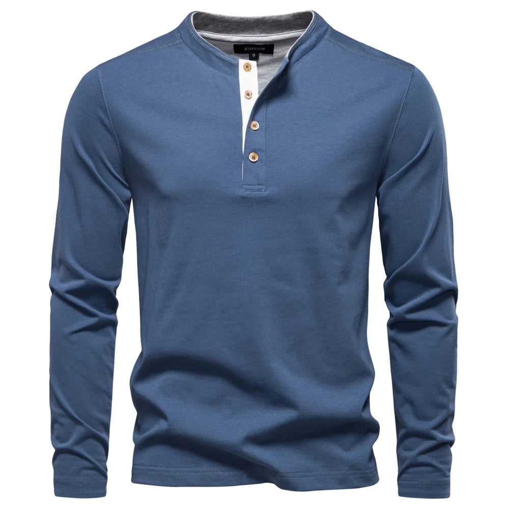 Men's Long Sleeve Fashion High Quality Cotton T-Shirt With Button Collar Basic Male T-Shirt