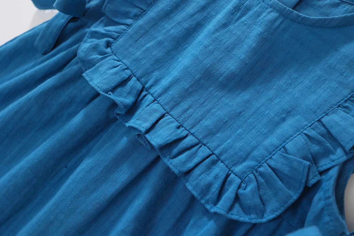 New Summer Kids Sundress Korean Style Ruffled Blue Vest Style Dress for Girls Children Sleeveless Dress 4-6Y Girls