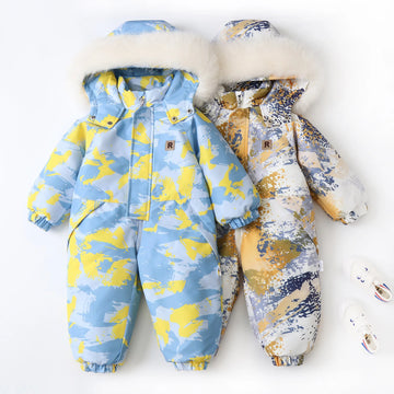 Kid's Snowboard Clothing 2024 Winter Children's Snow Suit Girls Floral Printed Ski Suit Boys Fur Lining Hooded Snowboard Coats 4-6Y Unisex