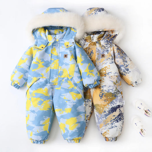 Kid's Snowboard Clothing 2024 Winter Children's Snow Suit Girls Floral Printed Ski Suit Boys Fur Lining Hooded Snowboard Coats 4-6Y Unisex