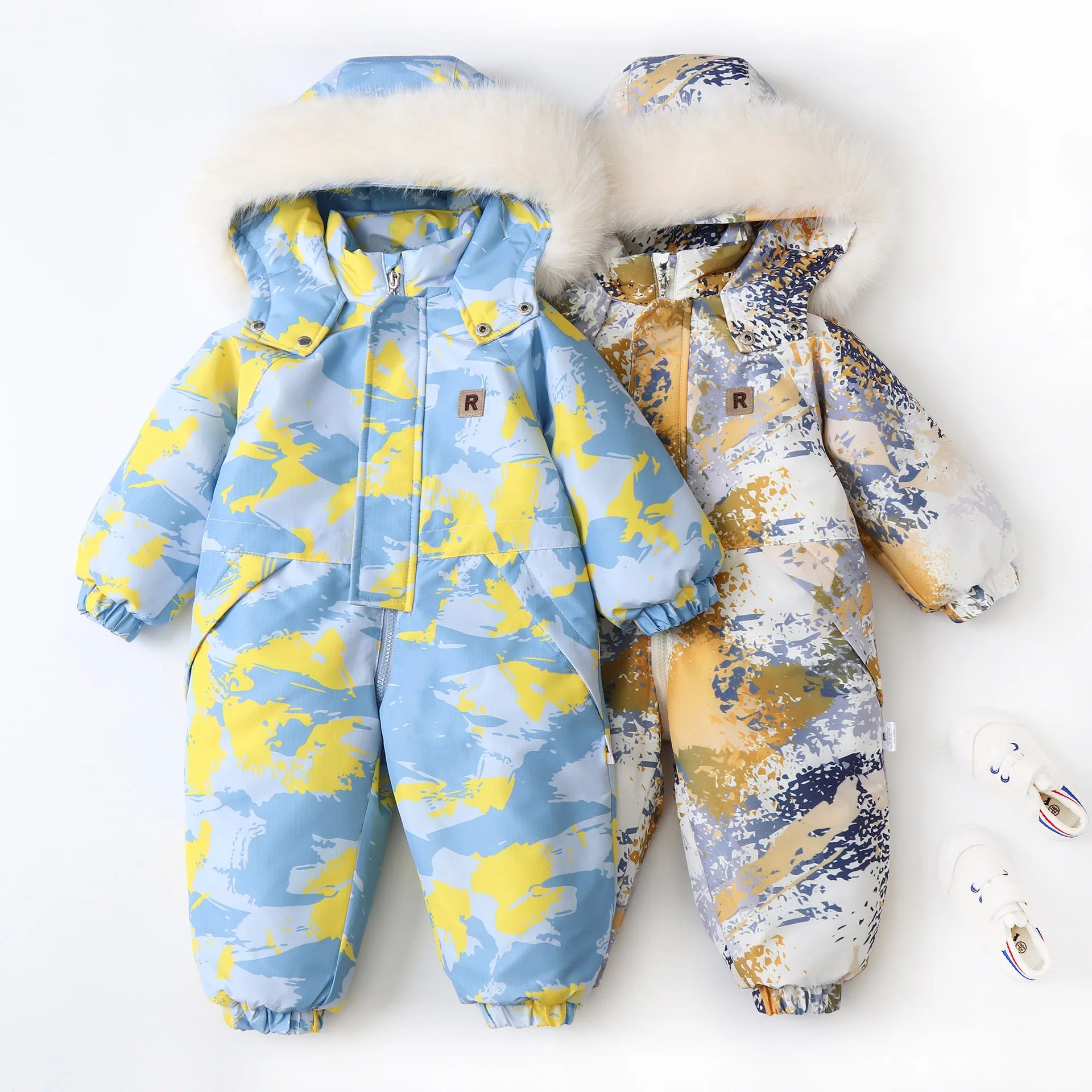Unisex Children's Snowboard Winter Warm Clothing Snow Suit Floral Printed Fur Lining Hooded Snowboard Coats For Kids