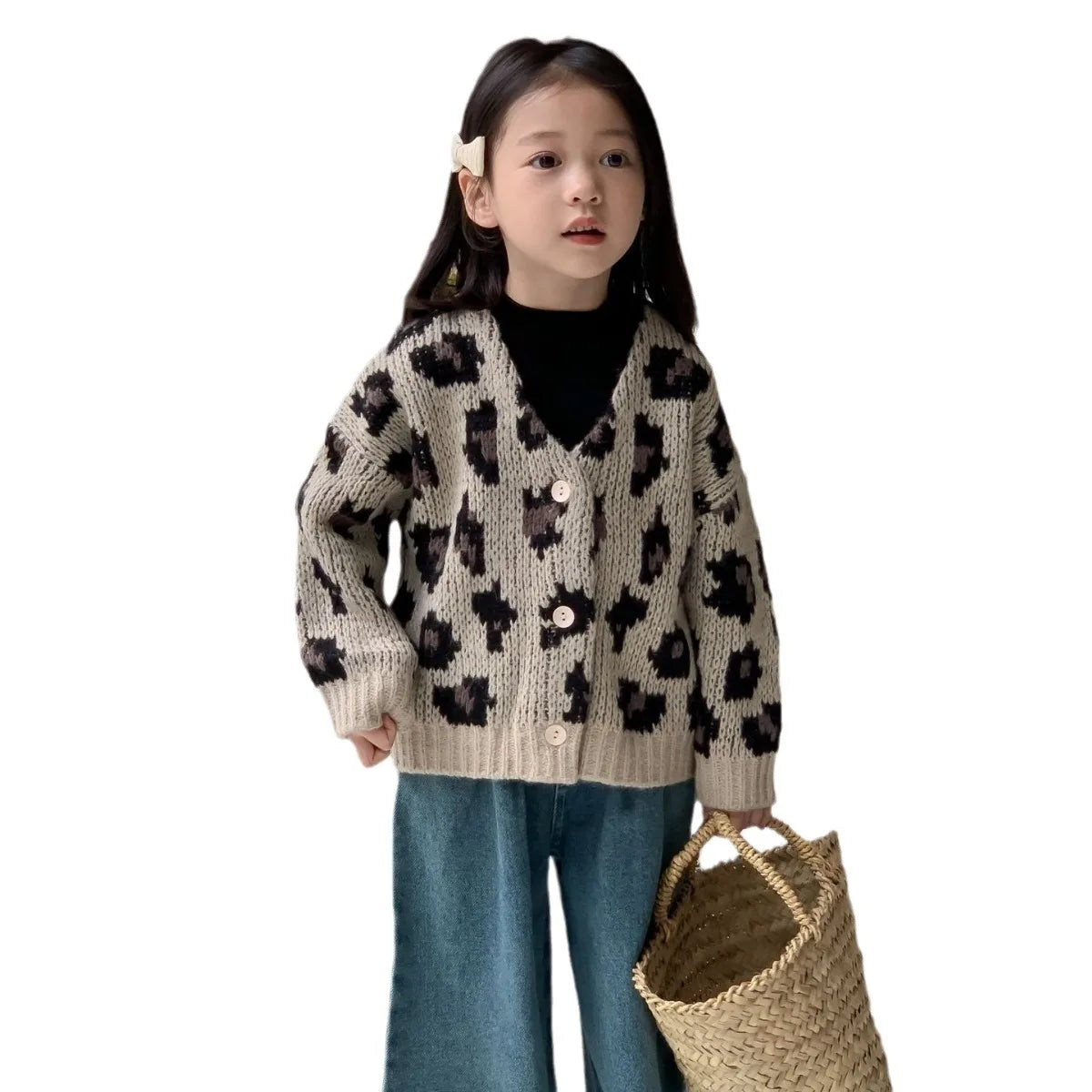 Girls' Autumn Vintage Korean Trendy Leopard Knit V-Neck Cardigan Coat For Children 1-7Y