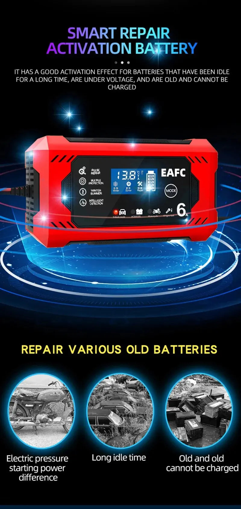 12V Groot Scherm 6A Digitale Auto Acculader Onderhouder voor Auto Motorfiets SUV Vrachtwagen Auto AGM Diepe Cyclus VRLA Puls Reparatie