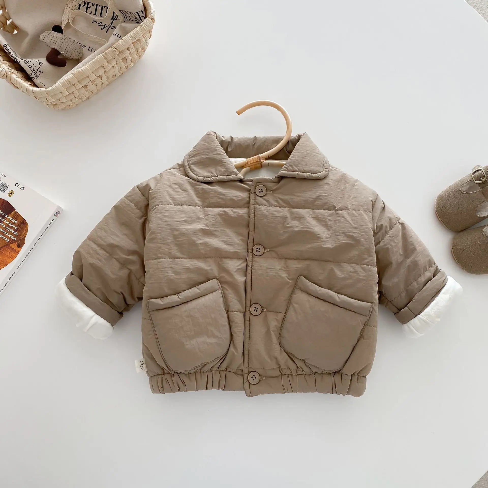 Baby Children's Winter Clothing Solid Colour Cotton Jacket Girls Simple Pocket Outwear Boys Fur Lining Warm Coat 0-5Y Unisex
