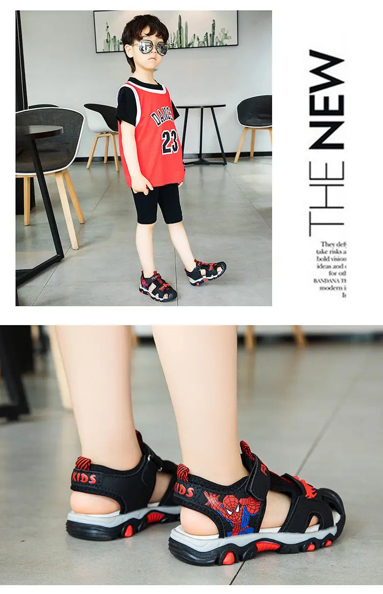 Children Sandals Male Summer Sandals Student Open Peep Toe Cartoon Beach Anti slip Soft Sole Black Blue Shoes Size 26-35