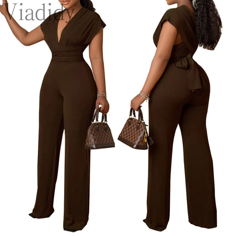 Women Solid Color V-Neck Short Sleeve Slim Waist Back Lace-Up Jumpsuit