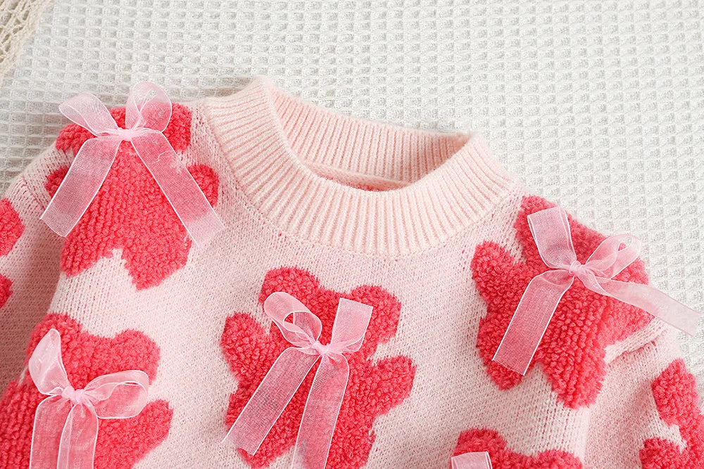 New Autumn Girls Knitted Sweater Sweet Bear Bow Kids Sweater Korean Loose Children Outwear Tops 9M-5T Girls