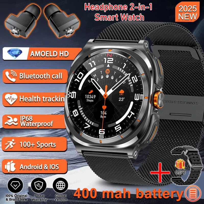 2025 Outdoor Sport Smartwatch AMOLED-scherm Hartslagmeter Waterdicht Bellen TWS Headset Smartwatch Voor Mannen - Compatibel met HUAWEI &amp; Samsung Galaxy IOS