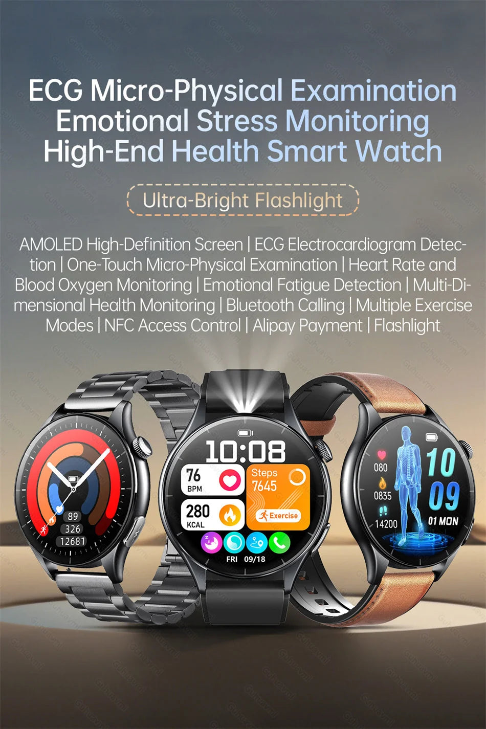 2025 Nieuw Smart Watch NFC ECG+PPG Bloedzuurstof Urinezuur Bloeddruk Saffier Smartwatch Heren - Compatibel met Samsung Galaxy, Xiaomi en Huawei IOS