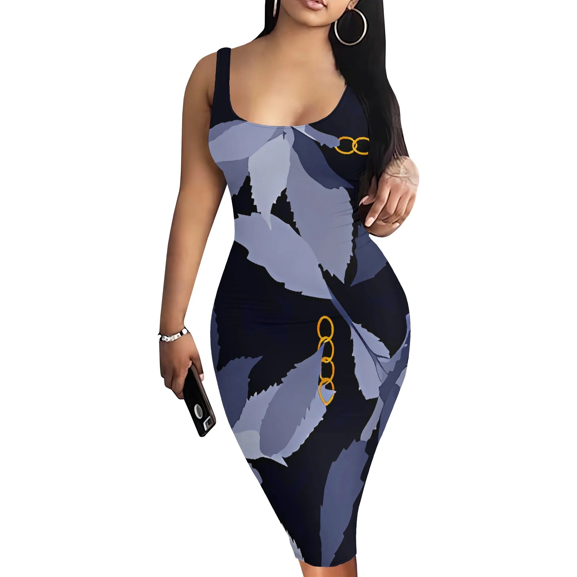 Summer Sleeveless Bodycon Midi Dress Women Abstract Leaf Print Sexy Clubwear Casual Tank Outfit