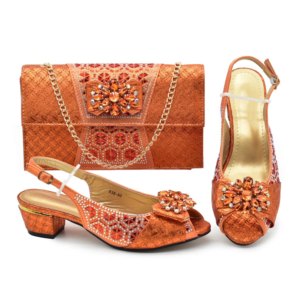 Matching Nigerian Party Shoes and Bags for Ladies Elegant Heeled Shoes for Women Rhinestone African Bag and Shoe Set