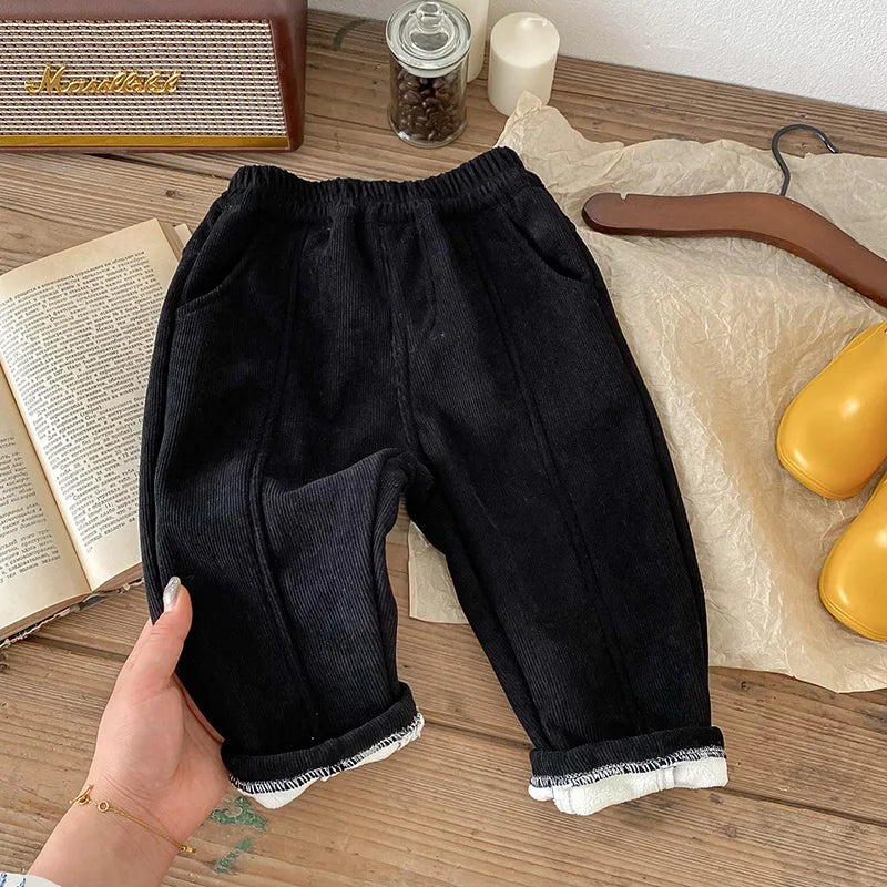Winter Warm Kids Pants Fleece Lining Corduroy Fleece Boys Girls Trousers Outerwear Clothing 1-6Y Unisex