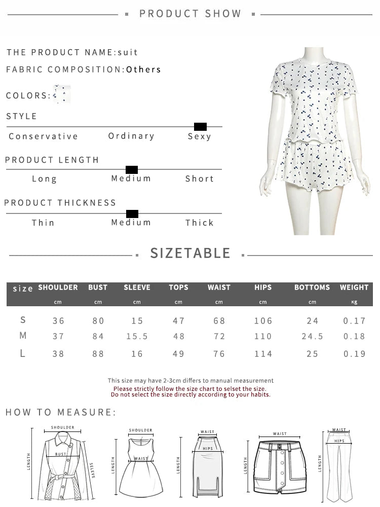 Floral Print 2 Piece Set Women o-Neck Short Sleeve T-Shirts+Folds Skinny Shorts Matching Casual Simple Ruffles Suits