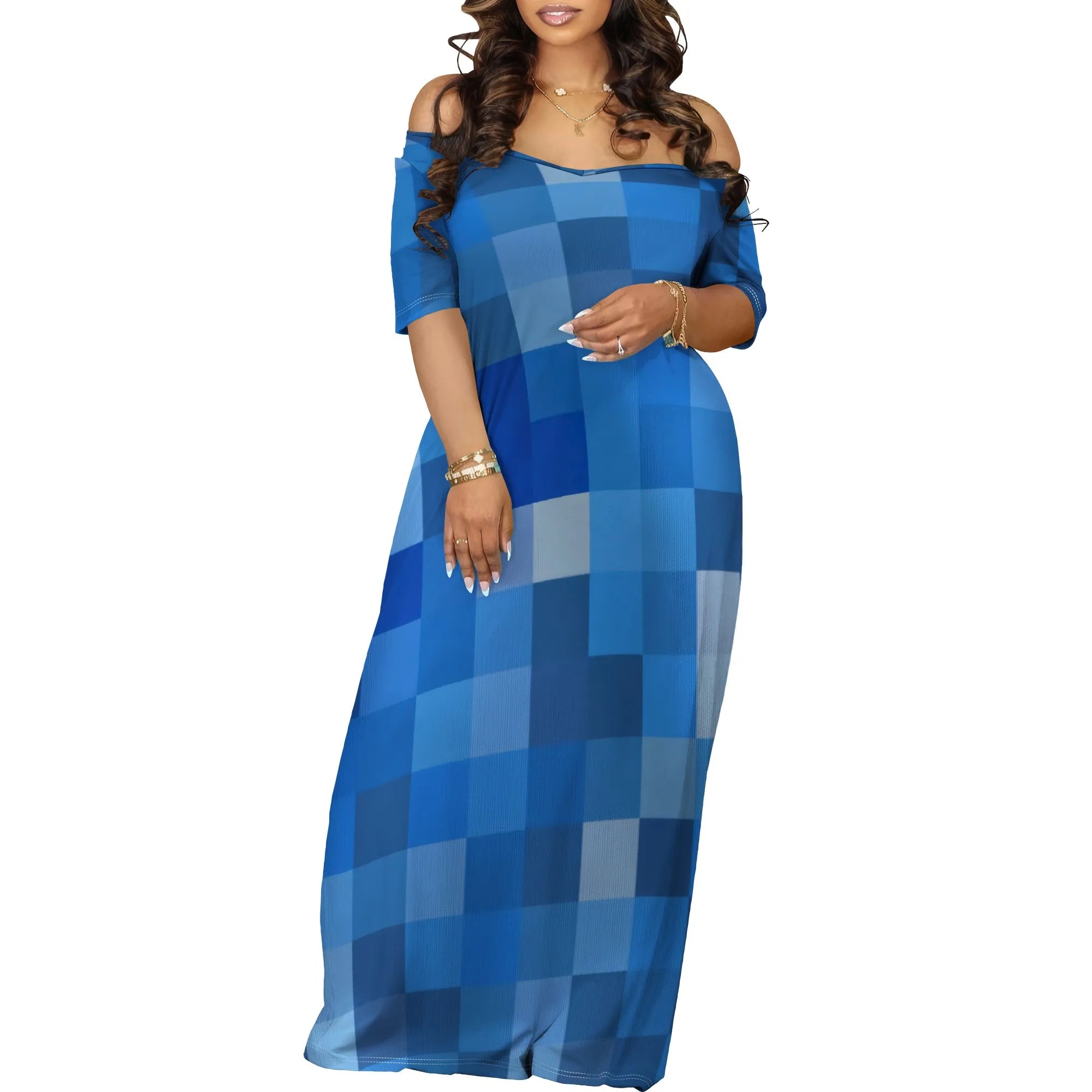 Summer Maxi Dress Women Off Shoulder Plaid Print Pocket Short Sleeve Dress