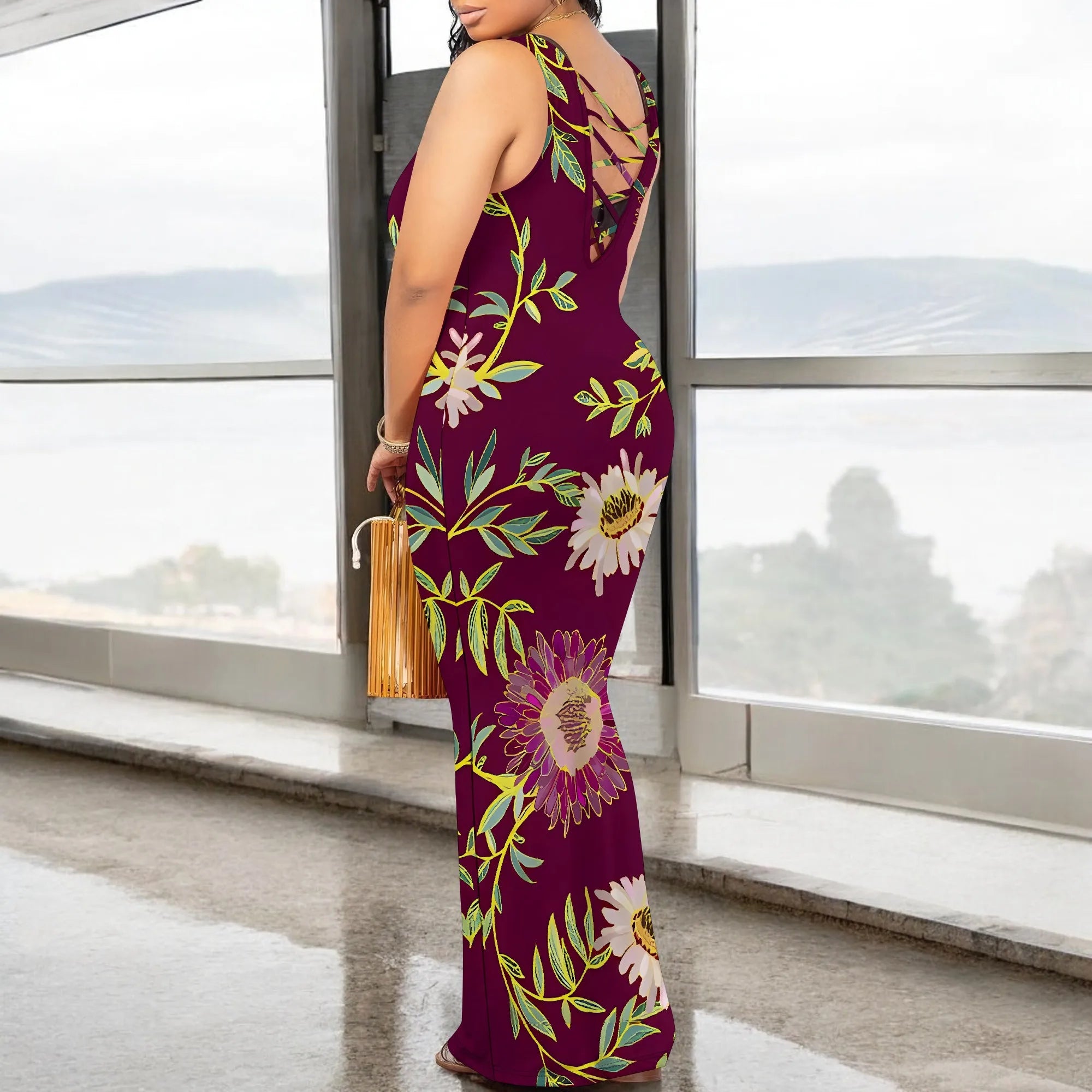 Boho Floral Sleeveless Maxi Dress for Women Vintage Burgundy Print Bodycon Long Dress Casual Spring Summer Outfit