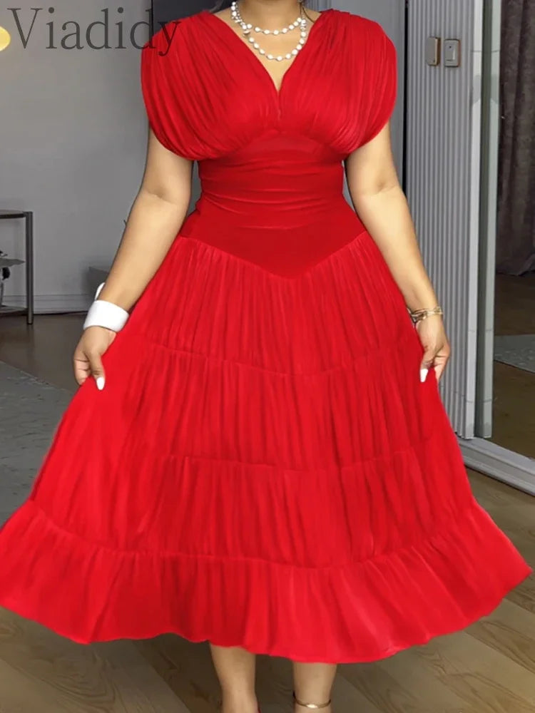 Women Casual Sleeveless Ruched Ruffles Hem Dress