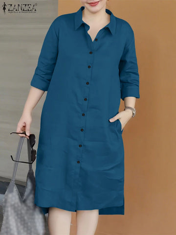 2025 Fashion Autumn Shirt Dress Women Lapel Neck 3/4 Sleeve Sundress Casual Loose OL Work Dresses Button Midi Robe Kaftan