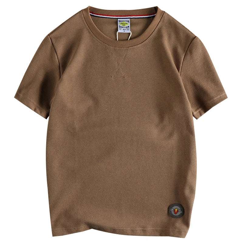 Zomer Nieuw Amerikaans Retro Waffle Microchapter T-shirt Herenmode Eenvoudig Gewassen Korte Mouw O-hals Casual Losse Jeugd Tops