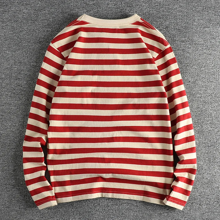 Autumn New American Retro 230g Heavyweight O-neck Striped T-shirt Men's Fashion 100% Cotton Washed Casual Loose Tough GuyTops