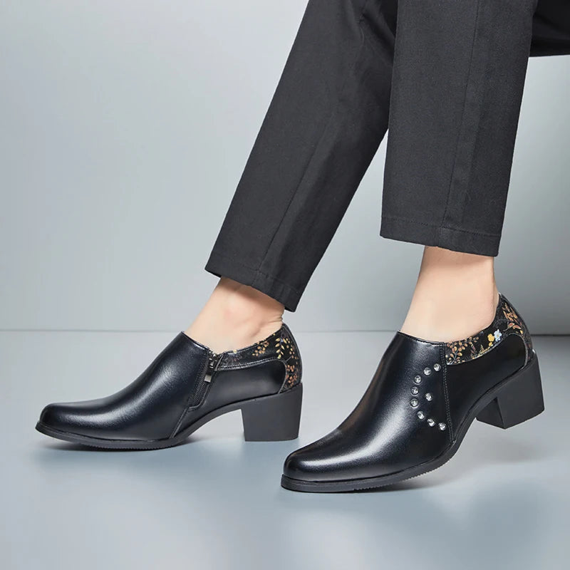 Retro Men European Fashionable Rivet Oxfords Dress Shoes High Heel Male Party Dressing Shoes Height Increasing Zipper Shoe