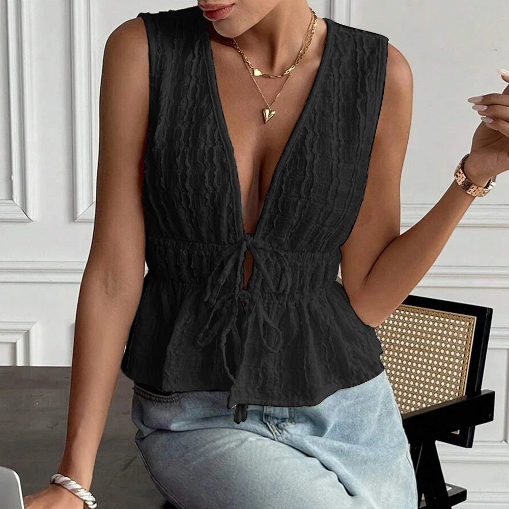 Women's Tanks Deep V-Neck Tie Detail Sleeveless Solid Colour Top Summer Casual Chic Style Tanks