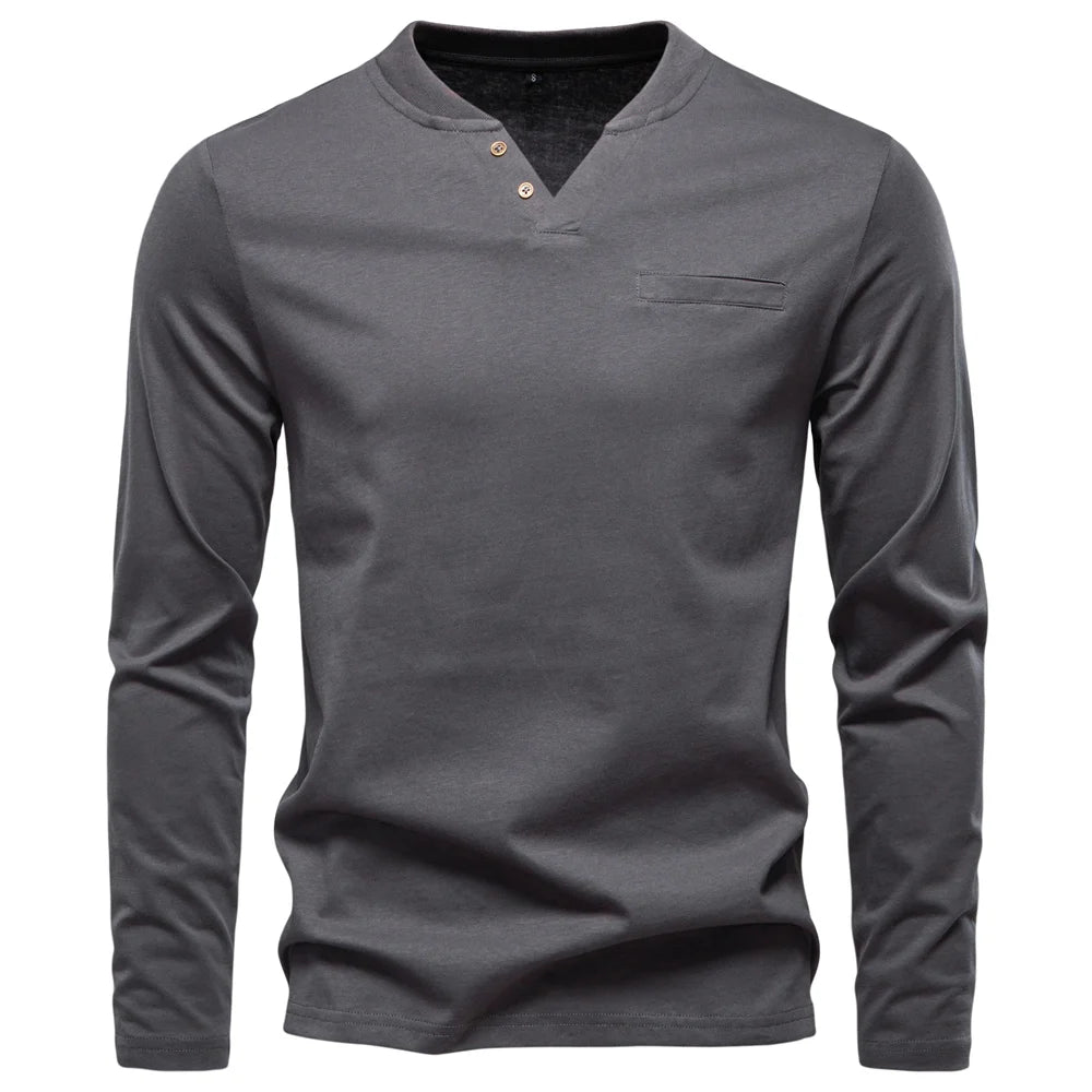 Men's High Quality Long Sleeve T-Shirt Fashion Pure Cotton Henley Collar Long Male T-Shirt