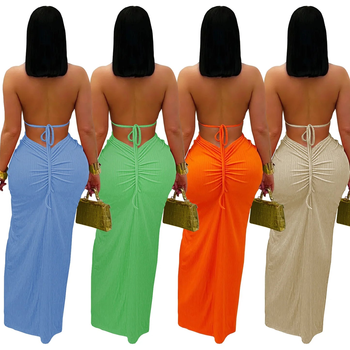 Bohemia Knitted Women Maxi Dress 2025 Summer Halter Lace Up Backless Split Sheath Vestidos Beach Vacation Robe