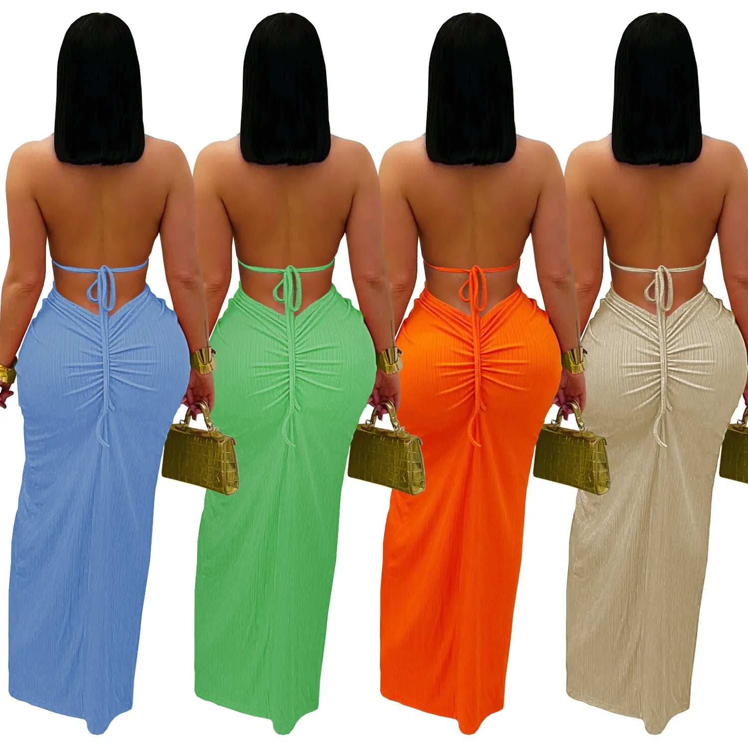Bohemen gebreide dames maxi-jurk 2025 zomer halter vetersluiting rugloze split schede vestidos strandvakantie gewaad
