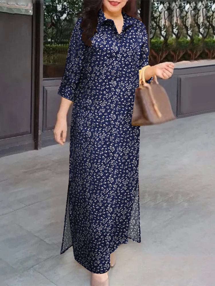 Women 3/4 Sleeve Long Dresses Autumn Fashion Lapel Neck Cotton Shirtdress Vintage Floral Print Maxi Shirt Dress