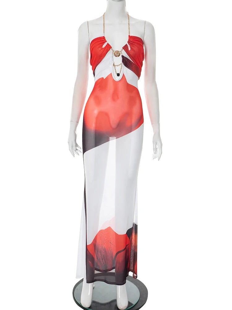 Seashell Metal Chain Hollow Halter Dress Women Flower Print Sexy See Through Backless Skinny Peach Hip Long Bodycon