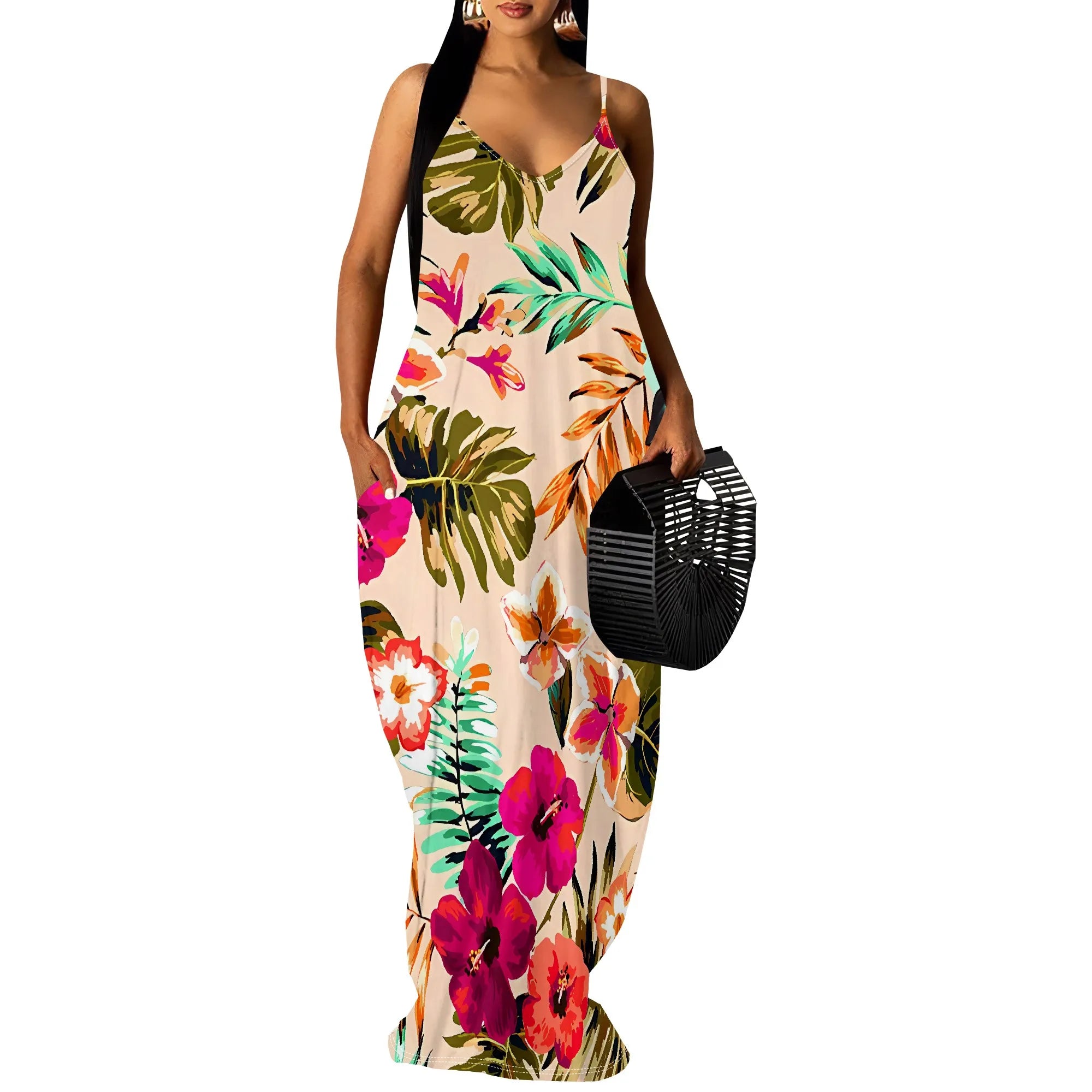 Purple Floral Print Spaghetti Strap Maxi Dress Women Tropical Sleeveless Summer Look