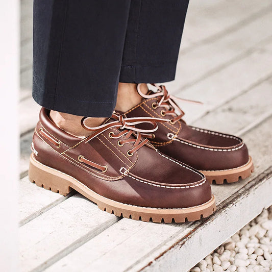 Men's Vintage Second-layer Cowhide Boat Shoes Genuine Leather Derby Shoes Round Toe Low Top Boots British Style Work Shoes