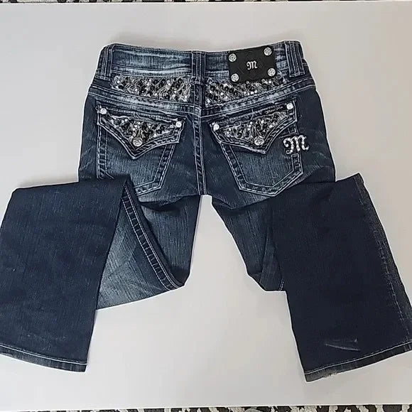 Women's Gothic Jeans Y2K Clothes Harajuku Hip Hop Pocket Embroidery Vintage Dark Blue Baggy Jeans High Waist Slim Flared Trousers