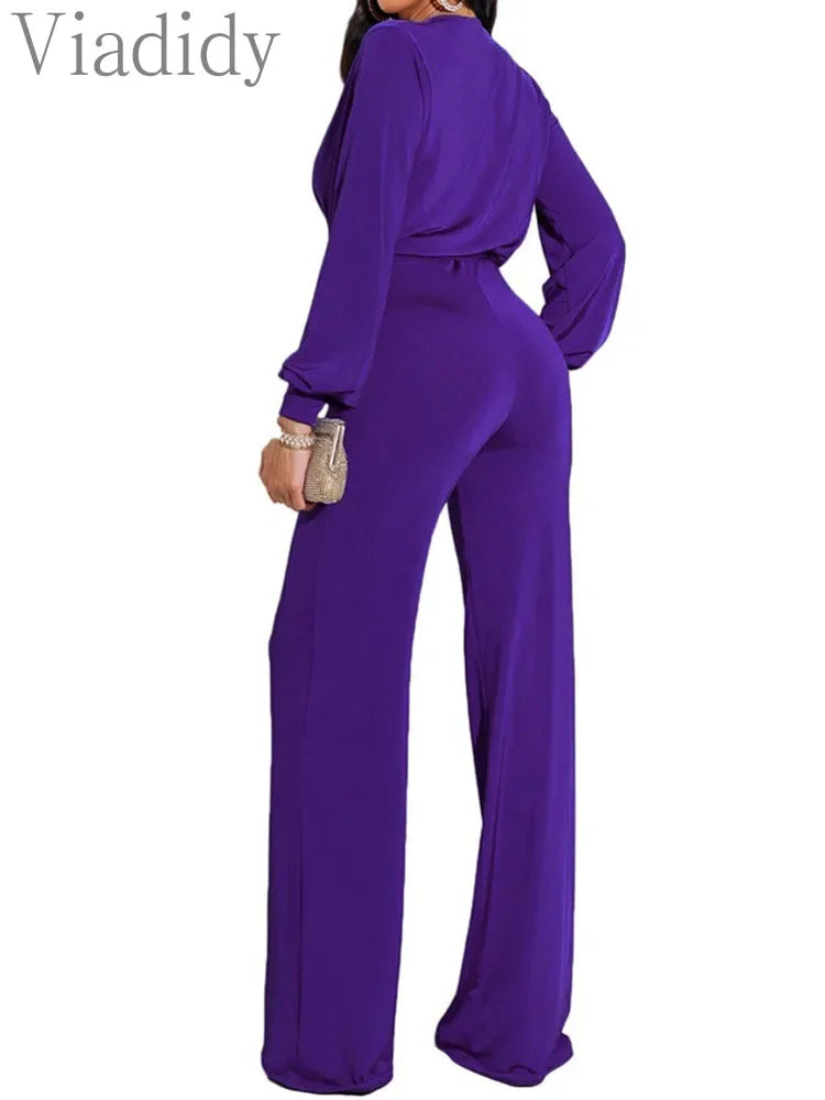 Women Solid Color Knitted V-Neck Long Sleeve Straight Jumpsuit With Belt