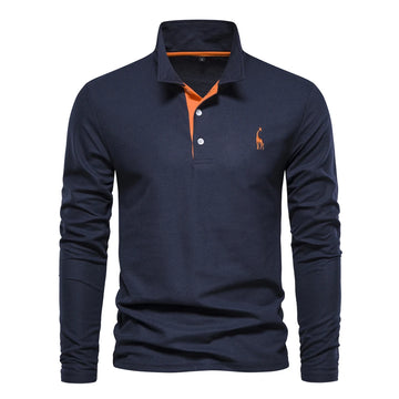 New Men's Deer Embroidery Polo Shirts Solid Colour Long Sleeve Social Business Male