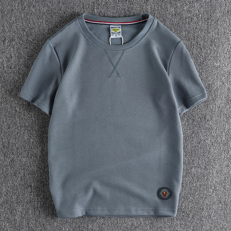 Zomer Nieuw Amerikaans Retro Waffle Microchapter T-shirt Herenmode Eenvoudig Gewassen Korte Mouw O-hals Casual Losse Jeugd Tops