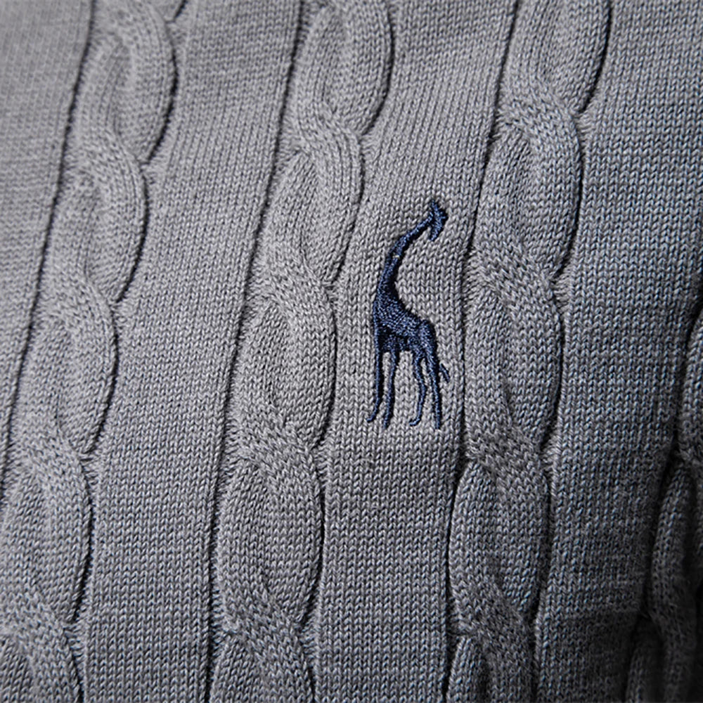 Men's Giraffe Embroidery Cotton Sweaters Round Neck Classic Twist Patterned Pullover Knitted Sweater for Men