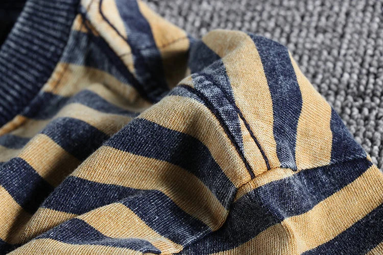 Summer New Japanese Retro Short Sleeve Striped T-shirt Men's Fashion 100% Cotton Slim Simple Round Neck Washed Old Casual Tops
