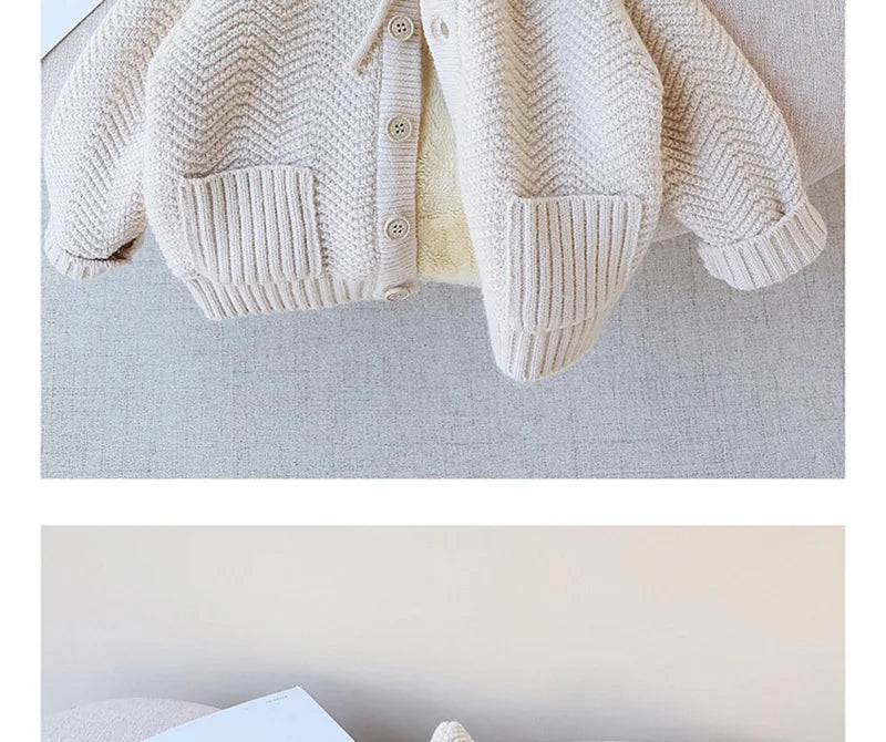Winter Kids Sweaters Fur Lining Girls Cardigans Warm Boys Knitwear Children Outfit 1-7Y Unisex