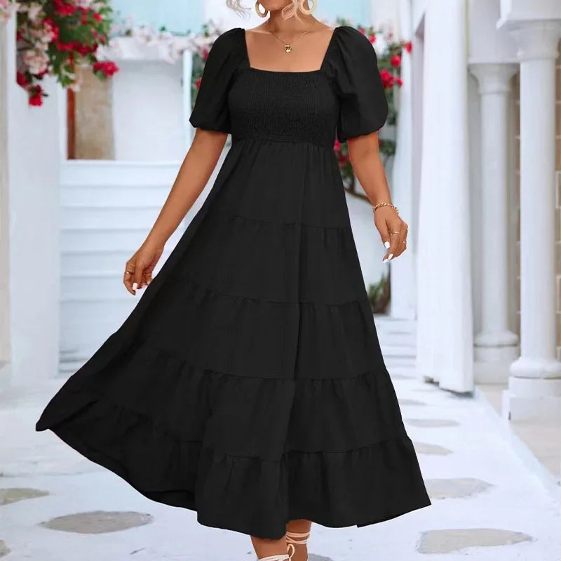 Dresses For Women  Streetwear Plus Size Square Neck Backless Puff Sleeve Pleated Short Sleeve Dress