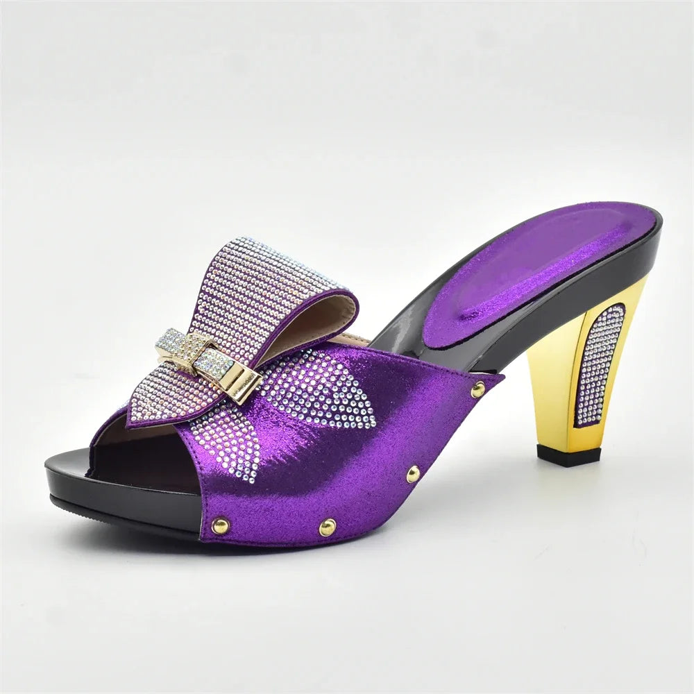 Gold Color Women Slippers Shoes African Women Wedding Shoes Elegant Italian Woman Shoes with Stone High Heels Woman Summer Pumps