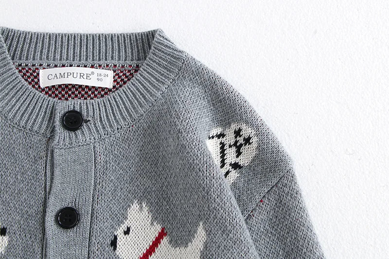 Spring Children's Sweater Jacket Jacquard Cute Dog Boys Single Breasted Buckle Cardigan Top Girls Knitted Sweater 1-8Y Unisex