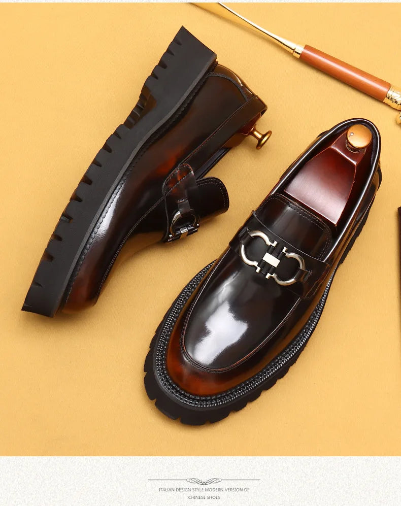 Cow Leather British Loafers Men Glossy Leather Business Casual Heightening Shoes - Non-Slip Tire Soles Dress and Round Toe Shoes