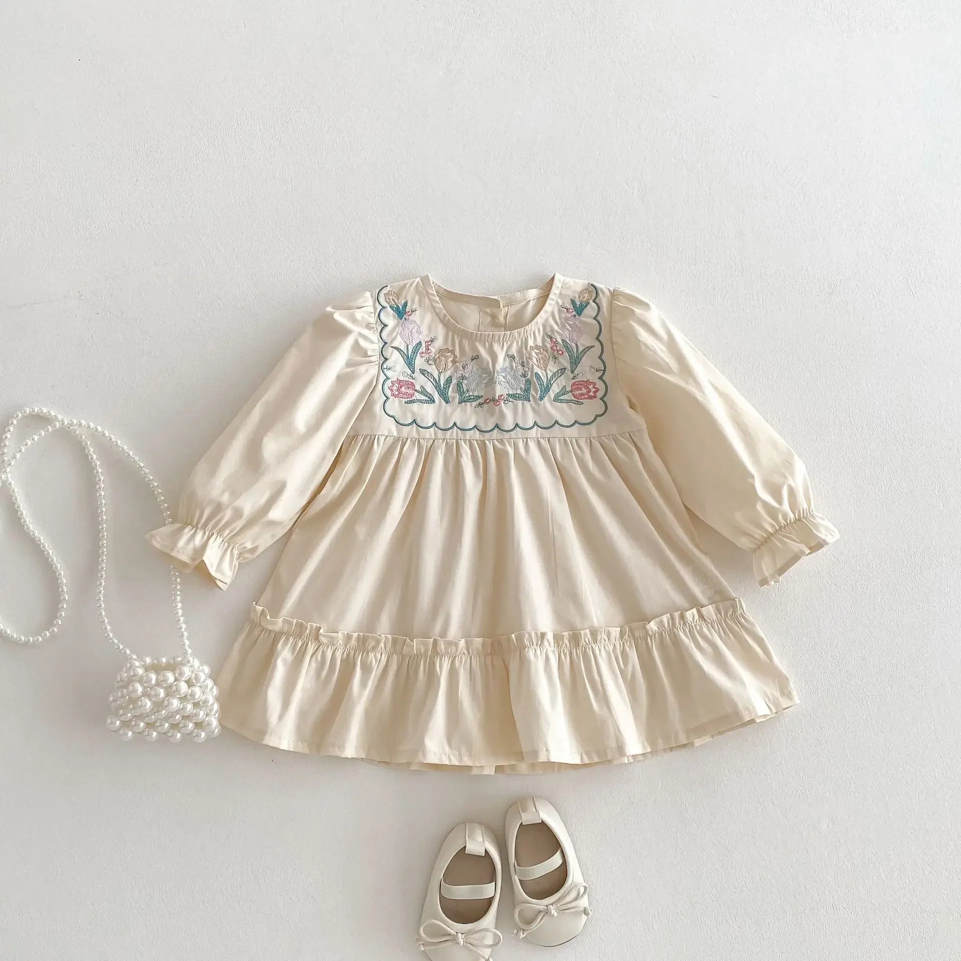 2025 Spring Children's Clothing Girls Casual Dress Puff Sleeved Embroidered Kid's O-neck Princess Dress 1-6Y Girls