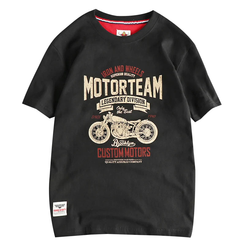 Summer American Retro Short Sleeve O-neck Letter Motorcycle Printed T-shirt Men's Fashion 100% Cotton Washed Casual Youth Tops