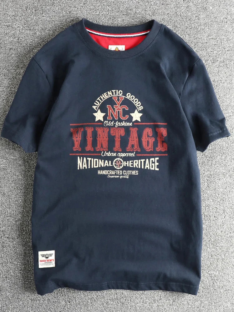 2025 Summer New American Retro Short Sleeve O-neck Letter Printed T-shirt Men's Fashion 100% Cotton Washed Casual Youth Tops